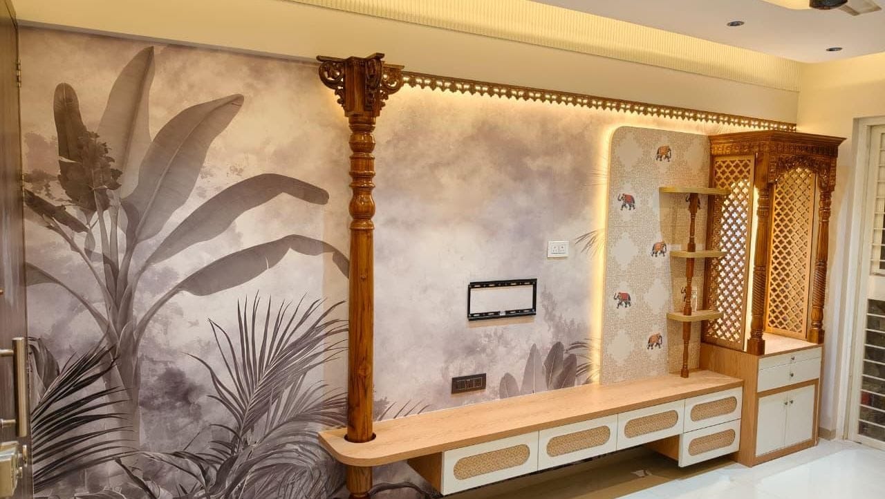 Living room with tropical mural wallpaper, carved wooden pillar, floating TV unit and cove-lit ceiling
